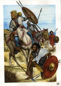 Bárbaro: un guerrero alano, un vándalo (rubio a caballo) y un bereber (soldado alano, vándalo y bereber)