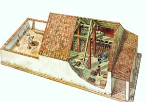 Arquitectura bizantina: reconstrucción de un almacén Class, almacén de la zona de los muelles Classe, puerto de la ciudad de Rávena (Rávena) en tiempos del emperador Justiniano. Italia siglo VII. La sección del edificio permite ver las mercancías almacenad de Giorgio Albertini