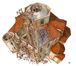 Arte bizantino: representación de las obras de construcción de la basílica de San Vital (Saint Vital o San Vitale) en Rávena en el siglo V. Vista aérea que muestra a los obreros en los andamios trabajando en el armazón de la cúpula. Italia Ilustración de G