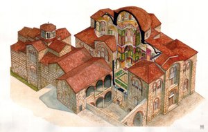 Arte bizantino: vista y sección arquitectónica del monasterio de Hosios Loukas (Osios Lukas o Luckas), construido en el siglo XI. Grecia de Giorgio Albertini