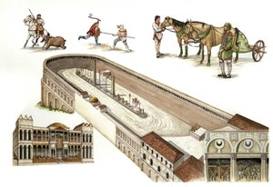 Bizancio: reconstrucción del hipódromo de Constantinopla, una arena similar al circo romano para carreras de tanques, construida por Constantino I en el siglo IV. En el centro de la pista, obeliscos y columnas sirven de ornamentación. Estambul actual, Turq
