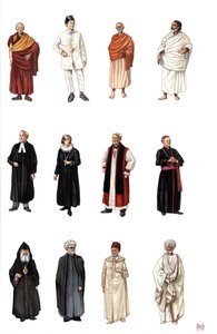 Trajes y vestidos de miembros del clero de diferentes religiones, monje budista, ortodoxo, cardenal, pastor protestante.