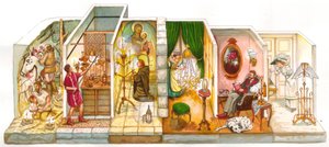 Vida cotidiana: evolución de la iluminación en el interior de las casas, a la izquierda hombres prehistóricos en las cavernas, iluminándose con fuego, luego casa antigua, un monje rezando en la edad media con una vela, un criado encendiendo una lámpara de  de Giorgio Albertini