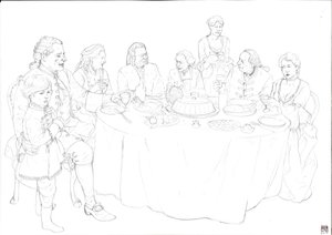 Vida cotidiana: familia de la nobleza durante una suntuosa comida de Giorgio Albertini