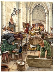 La vida cotidiana en la Edad Media: preparación de las comidas en la cocina de una familia de señores en un castillo del siglo XV, los numerosos criados se ponen en actividad, uno de ellos apresa un pavo real, se cuelgan jamones, se asa un cerdo en la chim de Giorgio Albertini