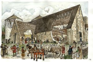 Entrega de víveres, alimentos, provisiones en el granero de una abadía francesa en el siglo XIV, cortes de la estructura de los edificios de la abadía que permiten ver las actividades y el interior de los almacenes. de Giorgio Albertini