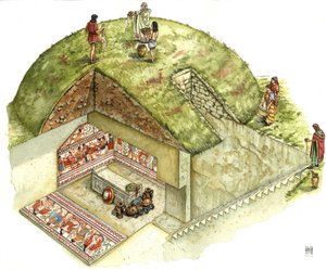 Civilización etrusca: reconstrucción y despiece de la tumba de Triclinio (triclinium), necrópolis de Tarquinia. Siglo V a.C. Italia Ilustración de Giorgio Albertini. de Giorgio Albertini