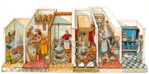 Vida cotidiana: evolución de los fogones y sistemas de cocción de alimentos, de izquierda a derecha, cocina antigua, centro de cocina medieval, fogones derechos y fogones más modernos. de Giorgio Albertini