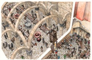 Edad Media: refectorio y cocina en un monasterio. Trabajo religioso para preparar las comidas de la comunidad. Siglos XII o XIII de Giorgio Albertini