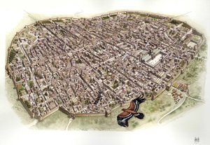Edad Media: vista aérea de Damasco, Siria, cuando formaba parte del Imperio Otomano. de Giorgio Albertini