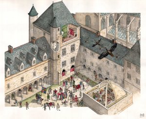Edad Media: vista aérea del Palacio de los Duques de Borgoña en Dijon (Costa de Oro) en el siglo XV. Se ven las cocinas del palacio, en el patio, de los caballeros con sus monturas. de Giorgio Albertini