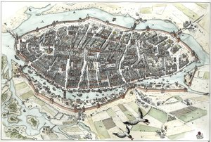 Edad Media: vista aérea de la ciudad de Lubeck en Alemania con callejero, mostrando su posición geográfica en una isla en la confluencia de los ríos Wakenitz y Trave. Siglo XV. Alemania Ilustración de Giorgio Albertini. (El uso de la w