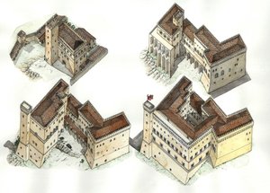 Edad Media: vista aérea de las distintas fases de construcción del Palacio Vaticano entre los siglos XII y XV. Roma Italia de Giorgio Albertini
