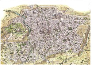 Edad Media: vista aérea detallada de la ciudad de Samarcanda (Samarkanda), se ven las murallas, en Uzbekistán en la época de la dinastía mongola chaybánida. 1450 alrededor de Asia Central. Ilustración de Giorgio Albertini. (El uso de las obras de este auto de Giorgio Albertini
