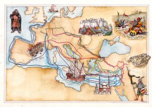 Edad Media: mapa de Europa y Oriente Próximo que muestra las rutas terrestres y marítimas utilizadas por las Cruzadas durante las distintas cruzadas
