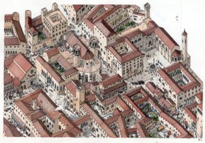 Edad Media: reconstitución del histórico barrio Gótico de Barcelona en el siglo XIV. Se ve la Cathedrale Sainte-Eulalie (Santa Eulalia). España Ilustración de Giorgio Albertini. (El uso de las obras de este autor no está sub de Giorgio Albertini