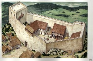 Edad Media: reconstrucción del castillo cátaro de Montsegur (terminado en el siglo XIII), Ariege, Francia. de Giorgio Albertini