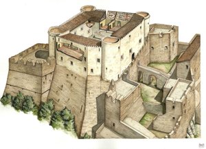Edad Media: reconstrucción del castillo Santa Severina, construido en el siglo XI, en Catanzaro. Calabria Italia Ilustración de Giorgio Albertini. (La utilización de las obras de este autor no está sujeta a una solicitud de autorización de terceros ni a de Giorgio Albertini