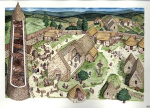 Edad Media: reconstrucción del antiguo monasterio de Glendalough fundado por San Kevin, sacerdote ermitaño. El lugar se convirtió en el siglo IX en un lugar de educación religiosa. En sección transversal se aprecia una torre redonda, una cruz celta. Siglo 