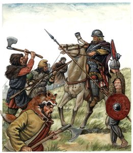 Edad Media: escena de la batalla de Roncesvaux (País Vasco español), jinete franco del Armee de Carlomagno se opone a los moros en 778. Ilustración del siglo VIII de Giorgio Albertini.