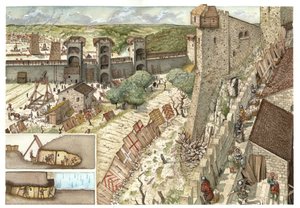 Edad Media: asedio de la ciudad de Viterbo, cerca de Roma, codiciada por los güelfos, partidarios del Papa, y por los gibelinos, partidarios del ejército del emperador Federico II Hohenstaufen (1194-1250) en 1240. Italia. Abajo a la izquierda hay una descr