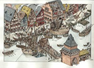 Edad Media: vista de las actividades comerciales en torno al puerto de Lubeck, en el mar Báltico. Siglo XIV. Alemania de Giorgio Albertini