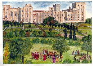 Edad Media: vista del Palacio de los Papas en Aviñón, cuando era la residencia de los Papas. En el jardín, los miembros de la curia pasean para admirar animales exóticos (camellos, leones) Siglo XIV. de Giorgio Albertini