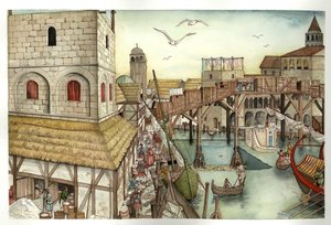 Edad Media: vista del puente de Rialto en el siglo XI y actividades en Venecia, Italia. de Giorgio Albertini