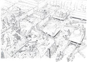Edad Media: vista que representa a obreros trabajando en las canteras de mármol de Carrara (Carrara) en el siglo XV. Italia Ilustración de Giorgio Albertini. (La utilización de las obras de este autor no está sujeta a la solicitud de autorización de un ter de Giorgio Albertini