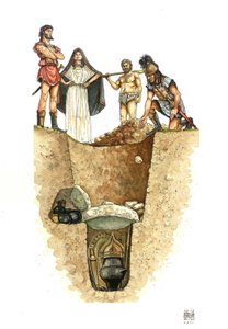 Neolítico: corte de una tumba villanoviana (cultura Villanova), las urnas que contienen las cenizas de los difuntos están enterradas en pozos (campos de boletas), siglo VIII a.C. Etruria, Italia de Giorgio Albertini