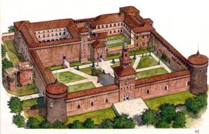 Vista general de la fortaleza de los Sforza (Castello Sforzesco) construida por el duque Francesco Sforza en el siglo XV en Milán, Italia. de Giorgio Albertini