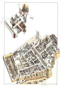 Reconstrucción con vistas al corte de las zonas subterráneas donde se encuentra la planta de servicio (viviendas domésticas, baños, cocina, establos) del palacio ducal de la ciudad de Urbino, en Italia. Fue construido por el duque Federico da Montefeltro ( de Giorgio Albertini