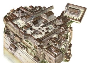Antigüedad romana: reconstrucción del Monte Palatino (Glue Palatino) en el siglo IV, los sucesivos emperadores (Augusto, Nerón, Séptimo Severo) construyeron sus respectivos palacios. Roma Italia de Giorgio Albertini