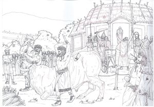 Antigüedad romana: escena del sacrificio de un toro en homenaje a Júpiter cerca del lago Nemi, Roma. de Giorgio Albertini