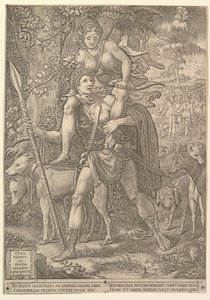 Alegoría de la Caza, un cazador sosteniendo una gran lanza llevando a una mujer Diana en sus hombros, 1556
