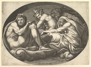 Hércules, Baco, Pan y Saturno, de una serie de ocho composiciones después de Francesco P..., 1560s de Giorgio Ghisi