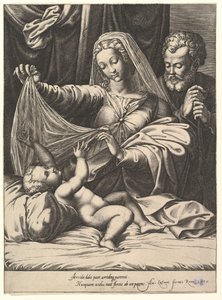 Madonna de Loreto, la Virgen levanta un velo sobre el Niño, que yace en una cama y almohada de Giorgio Ghisi