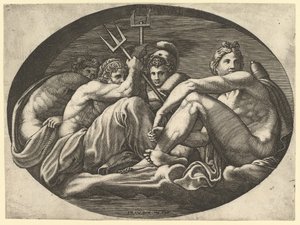 Plutón, Neptuno, Minerva y Apolo, de una serie de ocho composiciones después de Francesco P..., 1560s