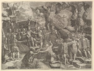 Sinon engañando a los troyanos, mediados de la década de 1540 de Giorgio Ghisi