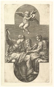 Tres musas y un putto con platillos, una composición cruciforme, de una serie de ocho com..., 1560s de Giorgio Ghisi