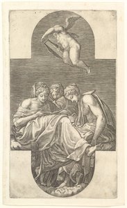 Tres Musas y un Putto con una Lira, una composición cruciforme, de una serie de ocho comp..., 1560s de Giorgio Ghisi