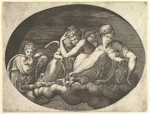 Venus y Cupido, dos otras diosas y un putto, de una serie de ocho composiciones af..., 1560s de Giorgio Ghisi