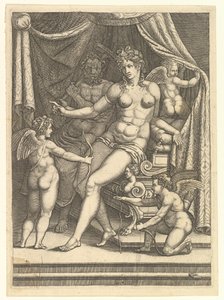 Venus y Vulcano sentados en una cama y tres putti, mediados de la década de 1550 de Giorgio Ghisi