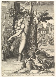 Venus pinchada por las espinas de un rosal, en el fondo Marte persiguiendo a Adonis, 1556 de Giorgio Ghisi