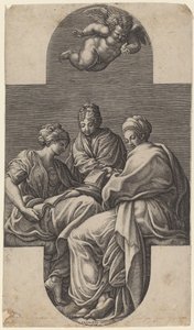 Tres musas y un putto gesticulando de Giorgio Ghisi after Francesco Primaticcio