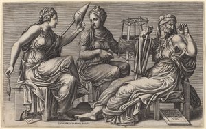 Las tres Parcas de Giorgio Ghisi after Giulio Romano