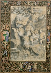 Borde de un manuscrito iluminado que rodea un dibujo después de La Sagrada Familia bajo el roble de Rafael (atribuido a Clovio) de Giorgio Giulio Clovio
