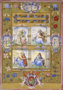 Los cuatro evangelistas, dentro de un borde de flores, pájaros e insectos, 1572 de Giorgio Giulio Clovio