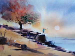 Pescador al atardecer en la costa de Giorgio Gosti