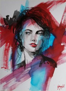 Retrato expresivo en rojo y azul